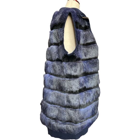 Tasha Tarno Blue Black Striped Real Rabbit Fur Full Zip Vest Ribbed Collar Large - Picture 3 of 8